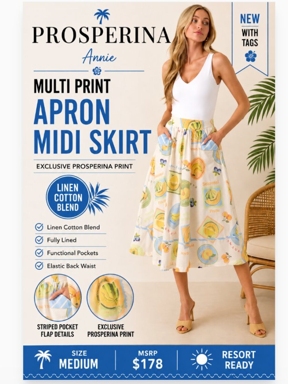 Prosperina Annie Multi Print Apron Midi Skirt Linen Cotton Medium NWT